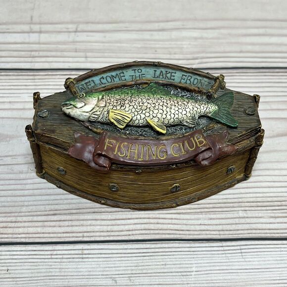 Vintage Trinket Box Welcome to Lake Front Fishing Club Accessory Container Wood - Picture 14 of 15